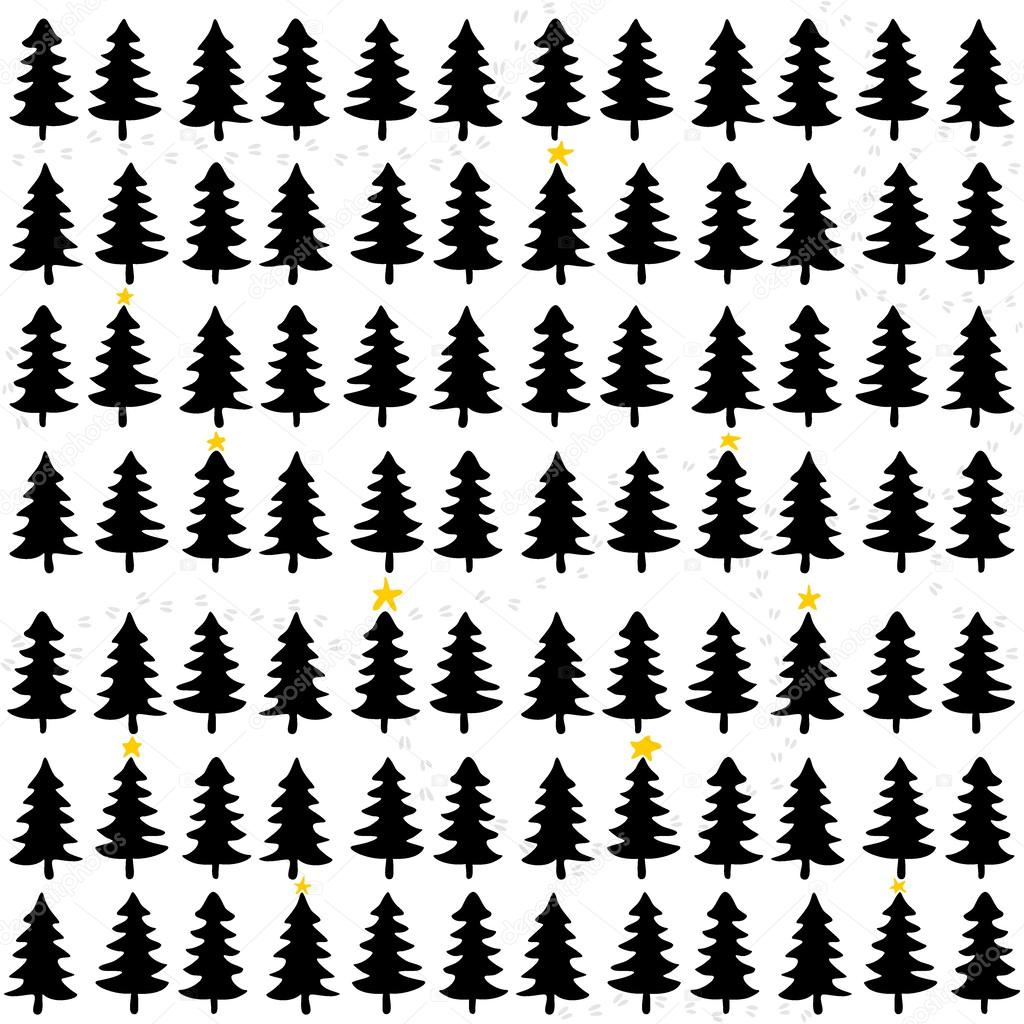 Black white yellow Christmas trees in forrest winter holidays seamless pattern on white background
