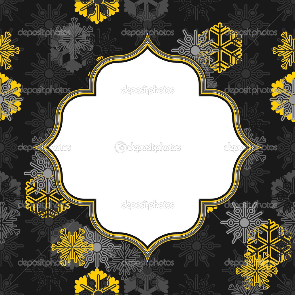 Retro shaped white frame with place for your text on falling light and dark gray and yellow different snowflakes winter seasonal seamless pattern on dark background