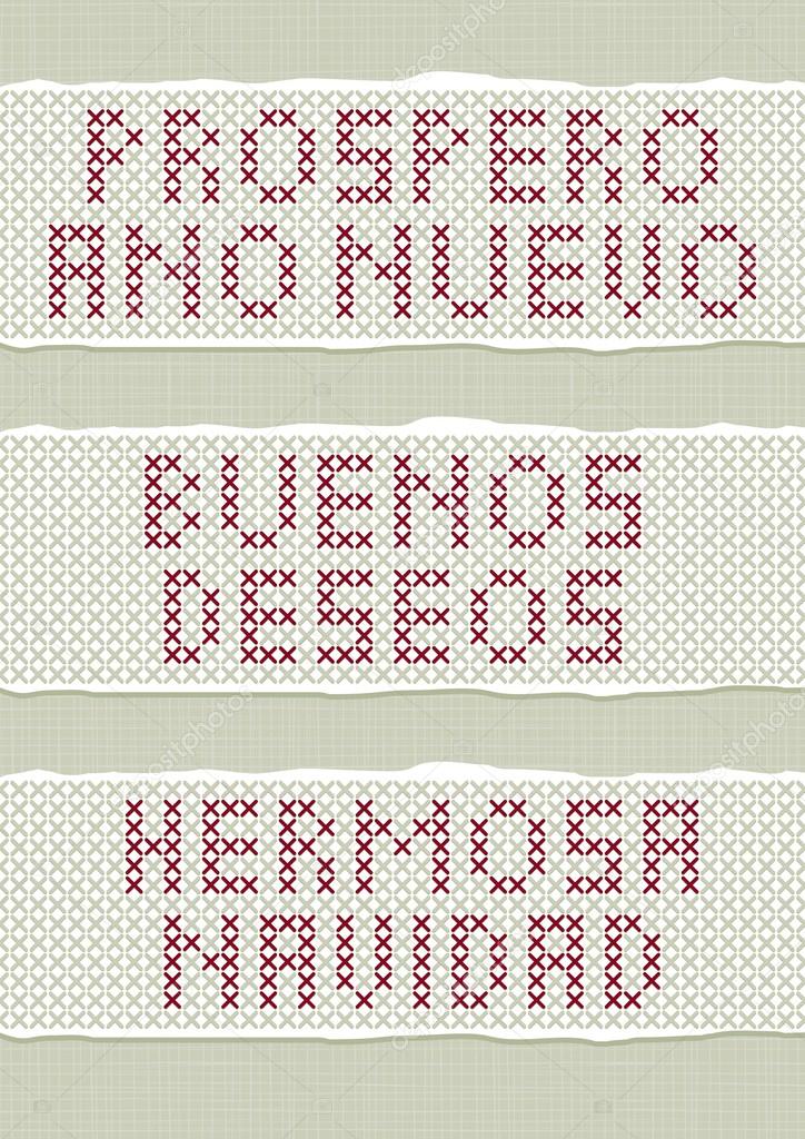 Prospero Ano Nuevo Buenos Deseon Hermosa Navidad spanish Christmas New Year wishes stitched embroidered red gray torn text set on light background