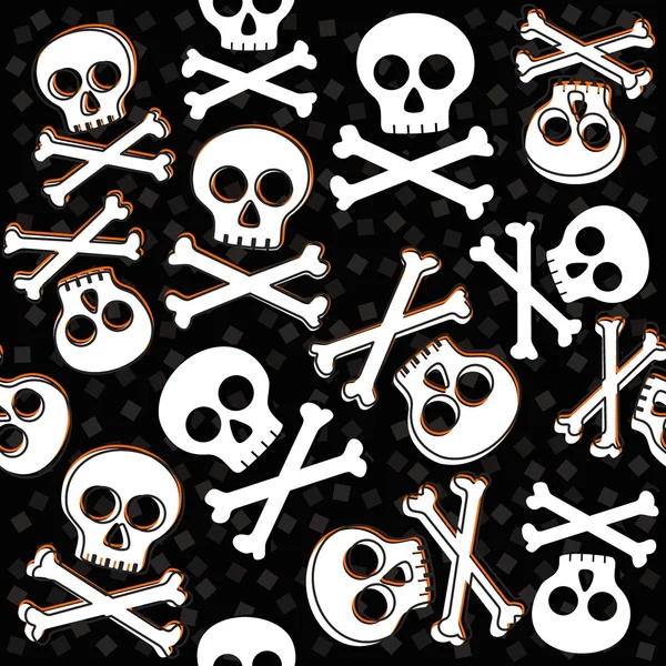 Totenköpfe und Knochen auf chaotischem Konfetti halloween nahtloses Muster auf dunklem Hintergrund — Stockvektor
