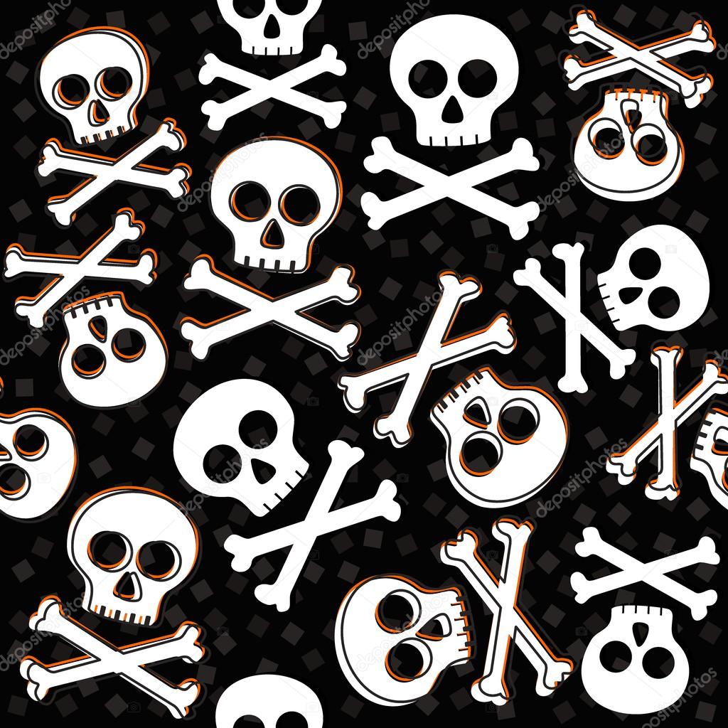 Skulls and bones on messy confetti Halloween seamless pattern on dark background