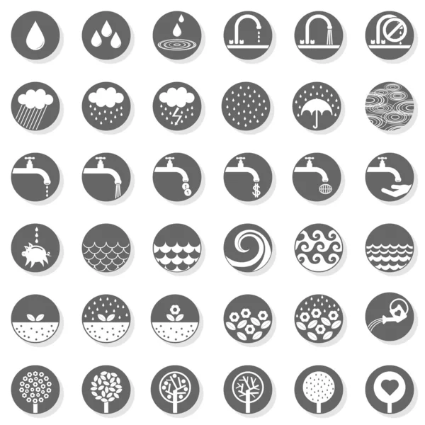 Drop water rain wet garden nature plants save water related gray monochrome round button set — Stock Vector