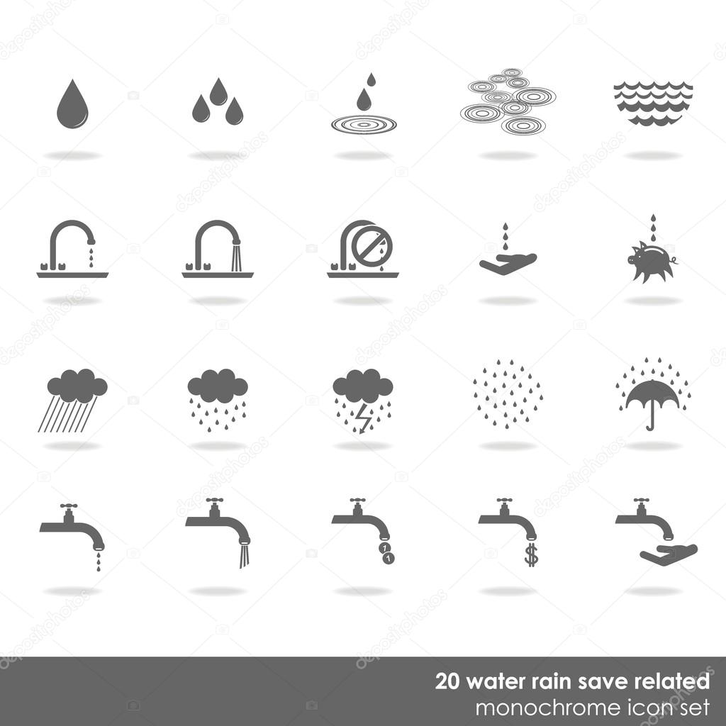 20 drop water rain wet save water related icon set on white background