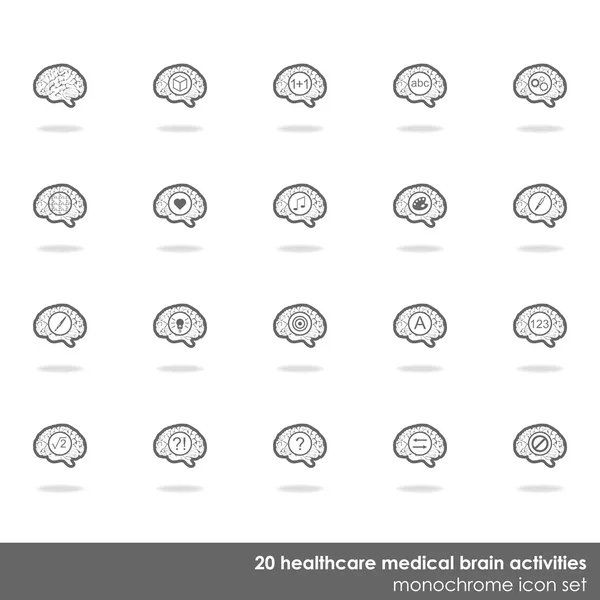 20 assistenza sanitaria attività cerebrali icona impostare la linea di confine su sfondo bianco con ombra — Vettoriale Stock