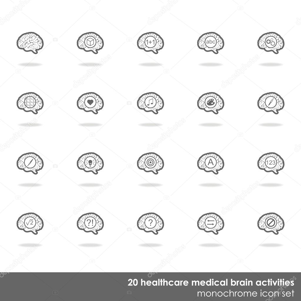 20 healthcare medical brain activities icon set border line on white background with shadow
