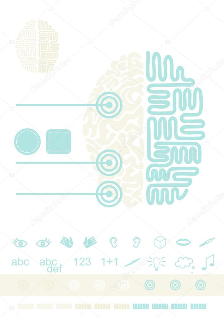 Brain functioning healthcare medical thinking gray turquoise illustration with set of function icons