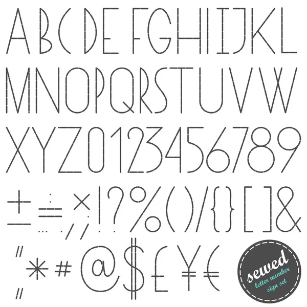 Lettres et chiffres gris cousus simples sur fond blanc ensemble d'éducation — Image vectorielle