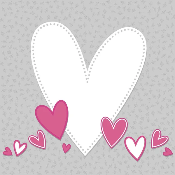 Hermosos corazones coloridos en una fila con uno blanco grande con lugar en blanco para su texto sobre fondo gris con pequeñas hojas — Vector de stock