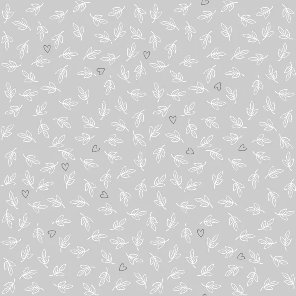 Délicates petites feuilles blanches et les cœurs sombres sur fond gris motif botanique romantique sans couture — Image vectorielle
