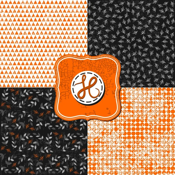 Kleine Blätter Dreiecke und Punkte schwarz weiß orange Feiertag Halloween-Hintergründe mit Vintage-Rahmen eingestellt — Stockvektor
