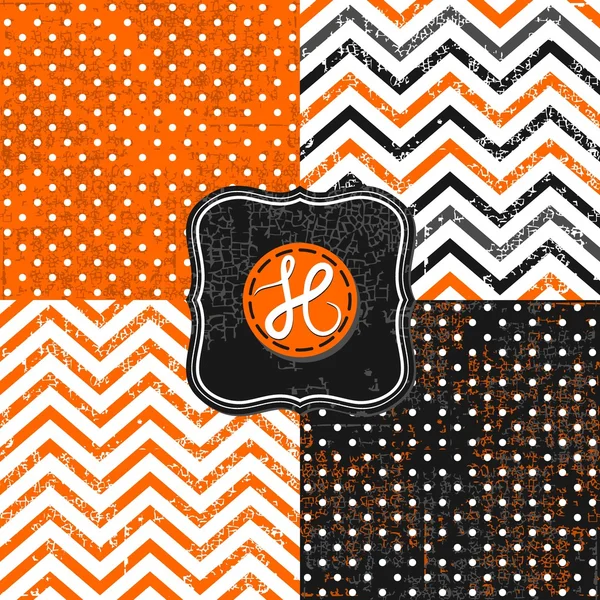 Pequeños lunares y chevron negro blanco naranja vacaciones Halloween fondos conjunto con marcos vintage — Vector de stock