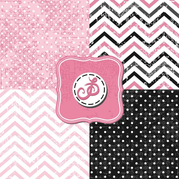 Kleine Tupfen und Chevron schwarz weiß rosa grau geometrische knisternde Hintergründe mit Vintage-Rahmen — Stockvektor