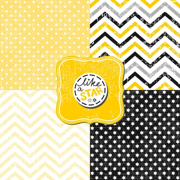 Kleine polka dots sterren en chevron zwart wit geel grijs geometrische crackle achtergronden set met vintage frames — Stockvector