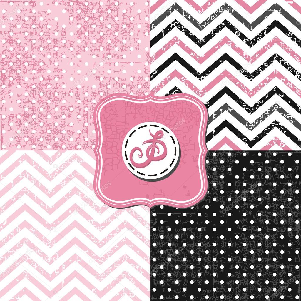 Little polka dots and chevron black white pink gray geometric crackle backgrounds set with vintage frames