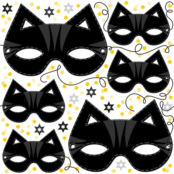 Máscara de gato animal partido disfarce com espumante ouro estrelas feriado sem costura padrão no fundo branco — Vetor de Stock