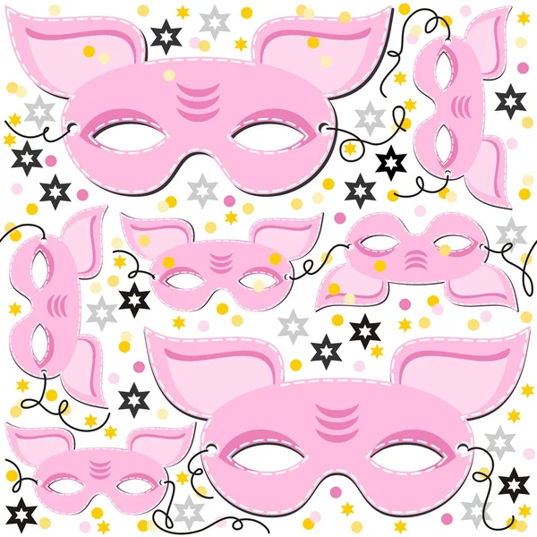 Pink pig mask animal party disguise with sparkling gold stars holiday seamless pattern on white background — Stock Vector