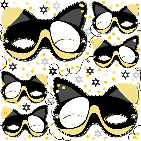 Gray yellow white black pinto dog mask animal party disguise with sparkling gold stars holiday seamless pattern on white background — Stock Vector