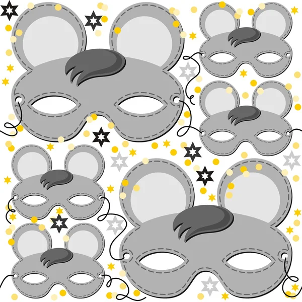 灰色小鼠标面具动物保护党的伪装，用闪闪发光的金色星星假日在白色背景上的无缝模式 — 图库矢量图片