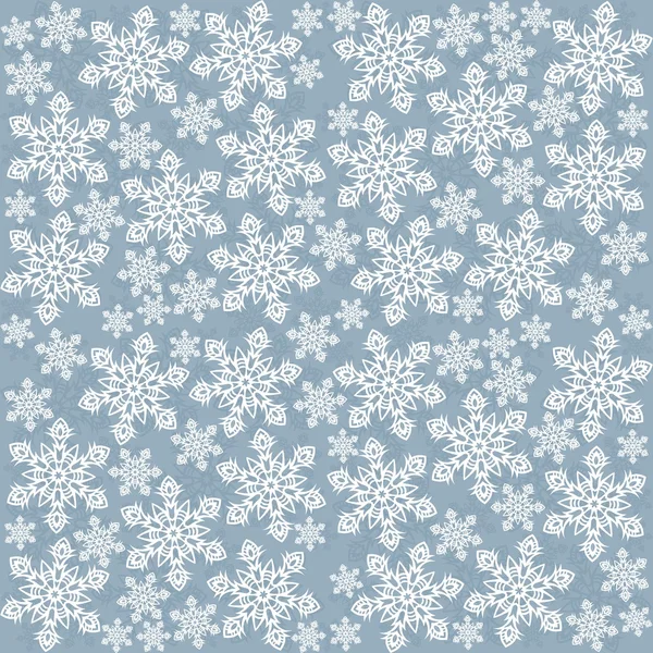 Délicats flocons de neige désordonnés vacances d'hiver motif sans couture éléments blancs sur fond bleu — Image vectorielle