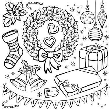 Black and white typical traditional Christmas and winter holidays related elements illustration set isolated on white background clipart