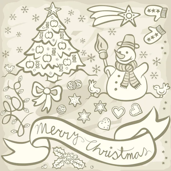 Monocromo delicada típica Navidad tradicional y vacaciones de invierno elementos relacionados conjunto de ilustración aislado en colores vintage — Vector de stock