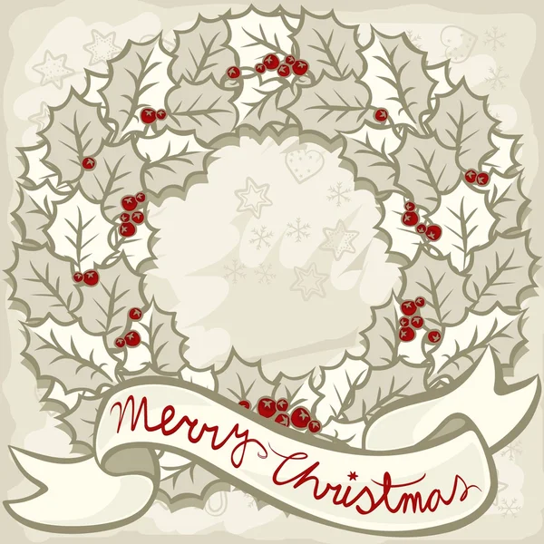 Vackra holly lämnar krans med önskemål på ljus bakgrund svartvit jul nyår vintern semester dekorativ illustration kort mittpunkten — Stock vektor