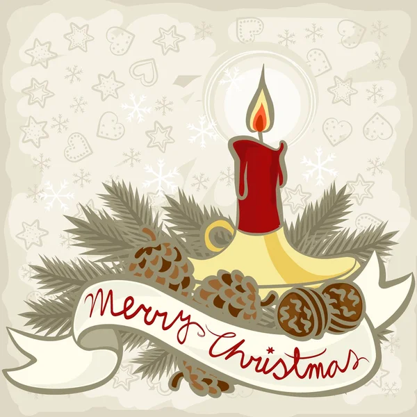 Красная свеча в золотом подсвечнике на сосновых ветвях винтажные цвета зимние праздники Рождество Новый год иллюстрации открытки центральное место — стоковый вектор