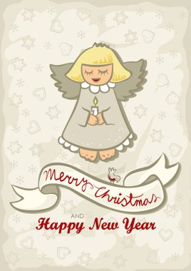 Singing little angel with little bird vintage colors winter holidays Christmas New Year card with wishes in English clipart