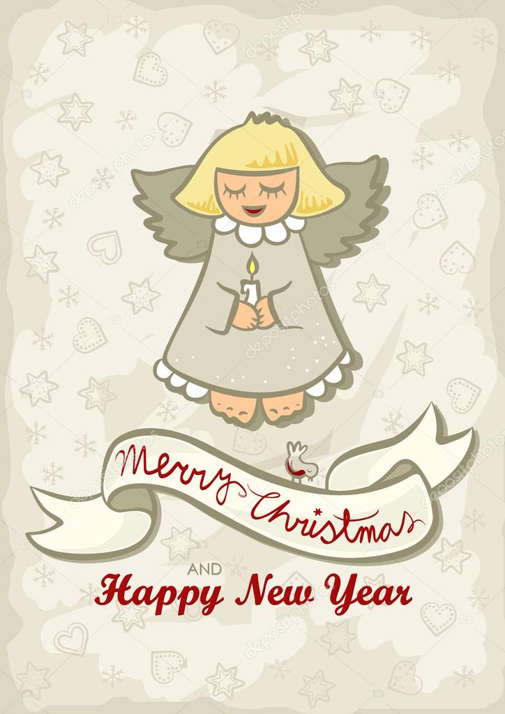Singing little angel with little bird vintage colors winter holidays Christmas New Year card with wishes in English