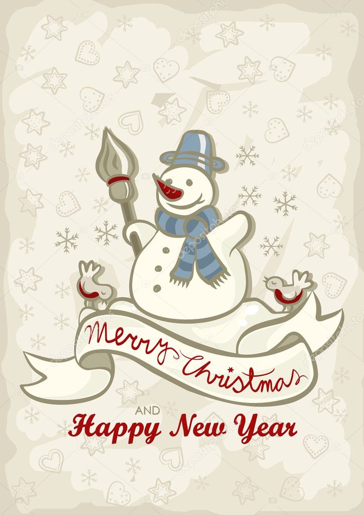 Happy snowman with two little birds vintage colors winter holidays Christmas New Year card with wishes in English