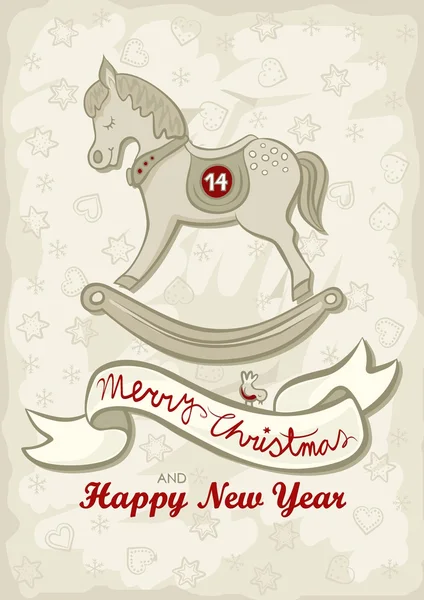 Liten häst kinesiska stjärntecken som vintage barns leksak vintage färger vinter semester julkort nyår med önskemål på engelska — Stock vektor