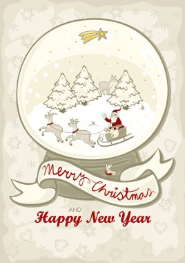 Ren geyiği Noel ağaçları ve gece gökyüzü vintage renkleri centerpiece illüstrasyon altın yıldız ile Noel Baba kızak üzerinde İngilizce dileklerimle sezonluk kart ile güzel parlayan kar küresi