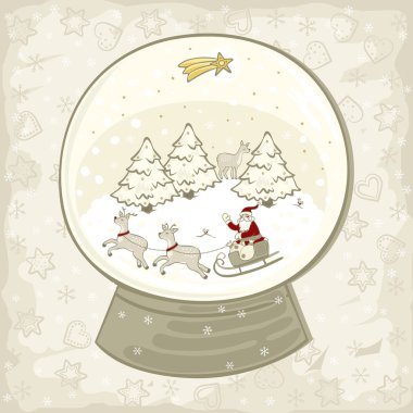 Ren geyiği Noel ağaçları ve gece gökyüzü vintage renkleri centerpiece illüstrasyon altın yıldız ile Noel Baba kızak üzerinde sezonluk kart ile güzel parlayan kar küresi