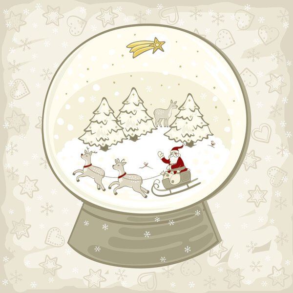 Beautiful sparkling snow globe with Santa Claus sleigh with reindeer christmas trees and gold star on night sky vintage colors centerpiece illustration on seasonal card