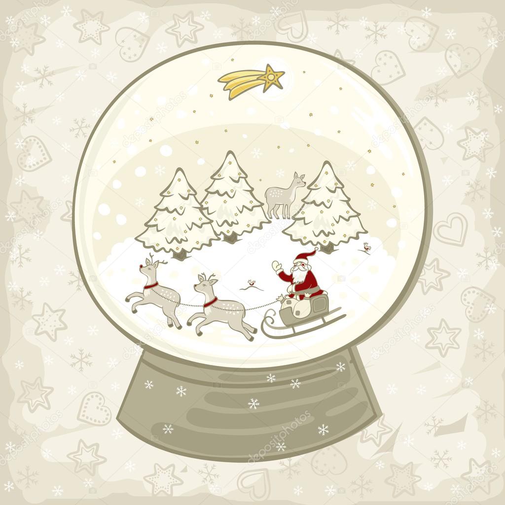 Bella frizzante globo di neve con slitta di Babbo Natale con alberi di natale renna e stella d oro sull illustrazione centrotavola di notte cielo colori