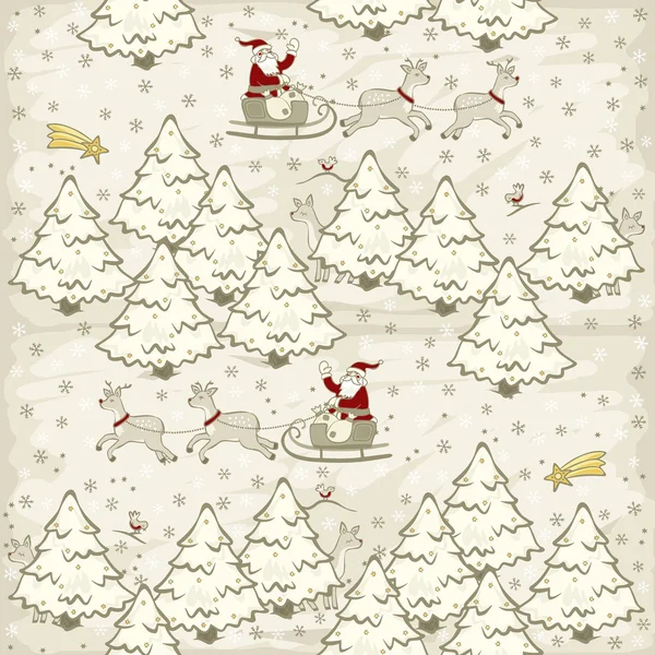 Weihnachtsmann und Rentierschlitten in weiß verschneiten Wald Winterurlaub Weihnachten in hellen Vintage-Farben saisonale nahtlose Muster — Stockvektor