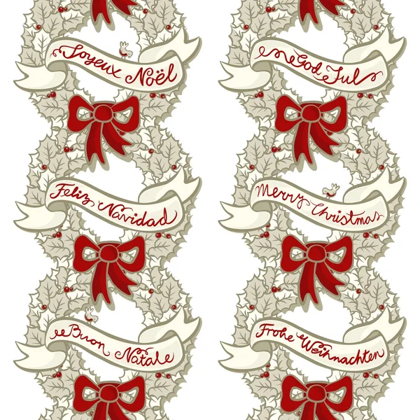 Colori monocromatici vintage agrifoglio foglie e bacche ghirlanda con nastro rosso e banner con auguri di Natale in diverse lingue modello senza cuciture su sfondo bianco — Vettoriale Stock