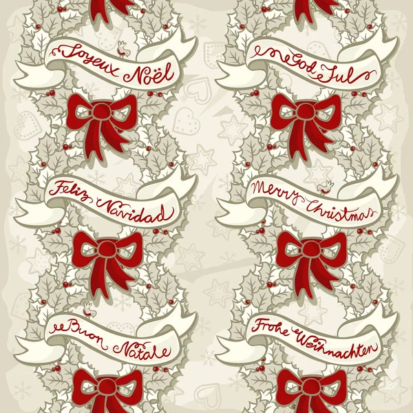 Monochrome vintage colors holly leaves and berries wreath with red ribbon and banner with christmas wishes in different languages seamless pattern on light background with heart and star shapes — Stock Vector