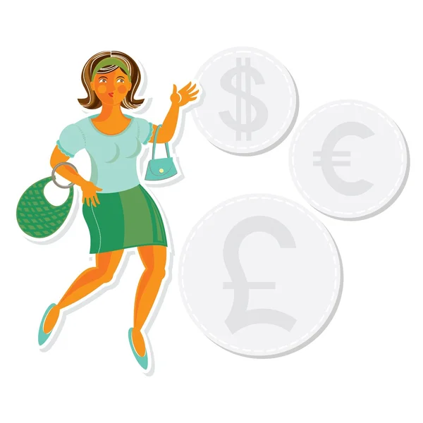 Jeune femme attrayante de type caucasien cheveux noirs dépenser de l'argent sur les ventes de shopping — Image vectorielle