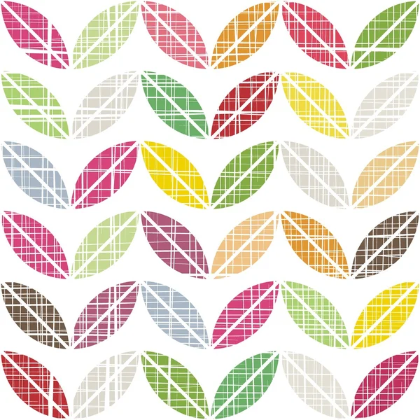 White scratched little colorful leaves in rows geometric seamless pattern on white background — Stock Vector