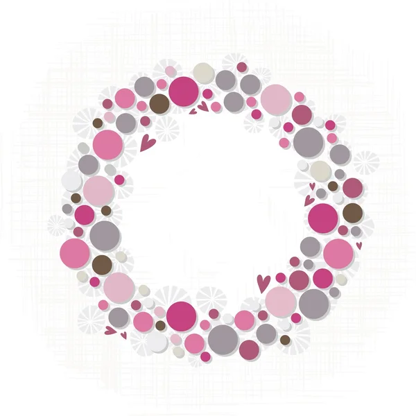 Abstract colorful season holiday decoration wreath made of dots and flower shapes with little hearts elegant card centerpiece with blank place for your text isolated on white background — Stock Vector