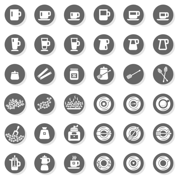 36 coffee time cafe drink related button set isolated on white background
