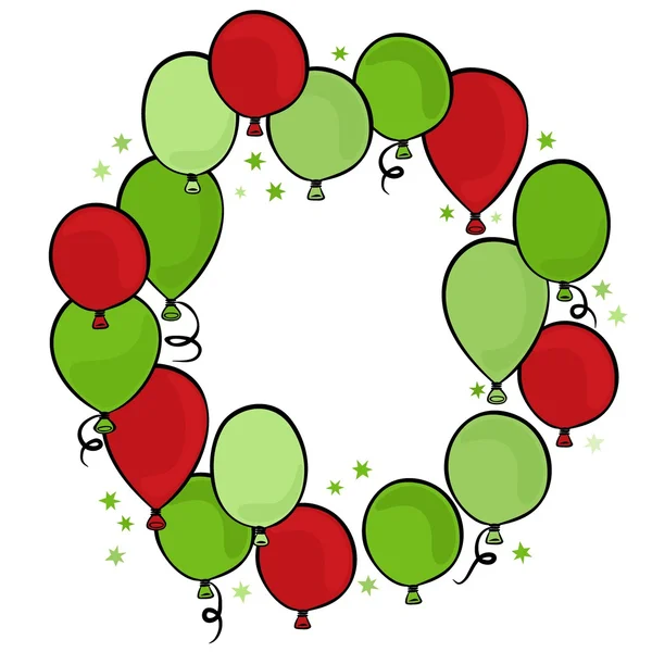 Fliegende bunte grüne und rote Luftballons Party Zeit Kranz auf weißem Hintergrund Karte Einladung Feier Herzstück — Stockvektor
