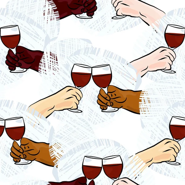 Muitas mãos humanas diferentes com copos de vinho fazendo brinde colorido festa feriado sem costura padrão no fundo branco —  Vetores de Stock
