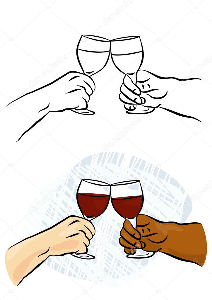Human hands with glasses of wine making toast black and white and colorful party holiday illustration isolated on white background