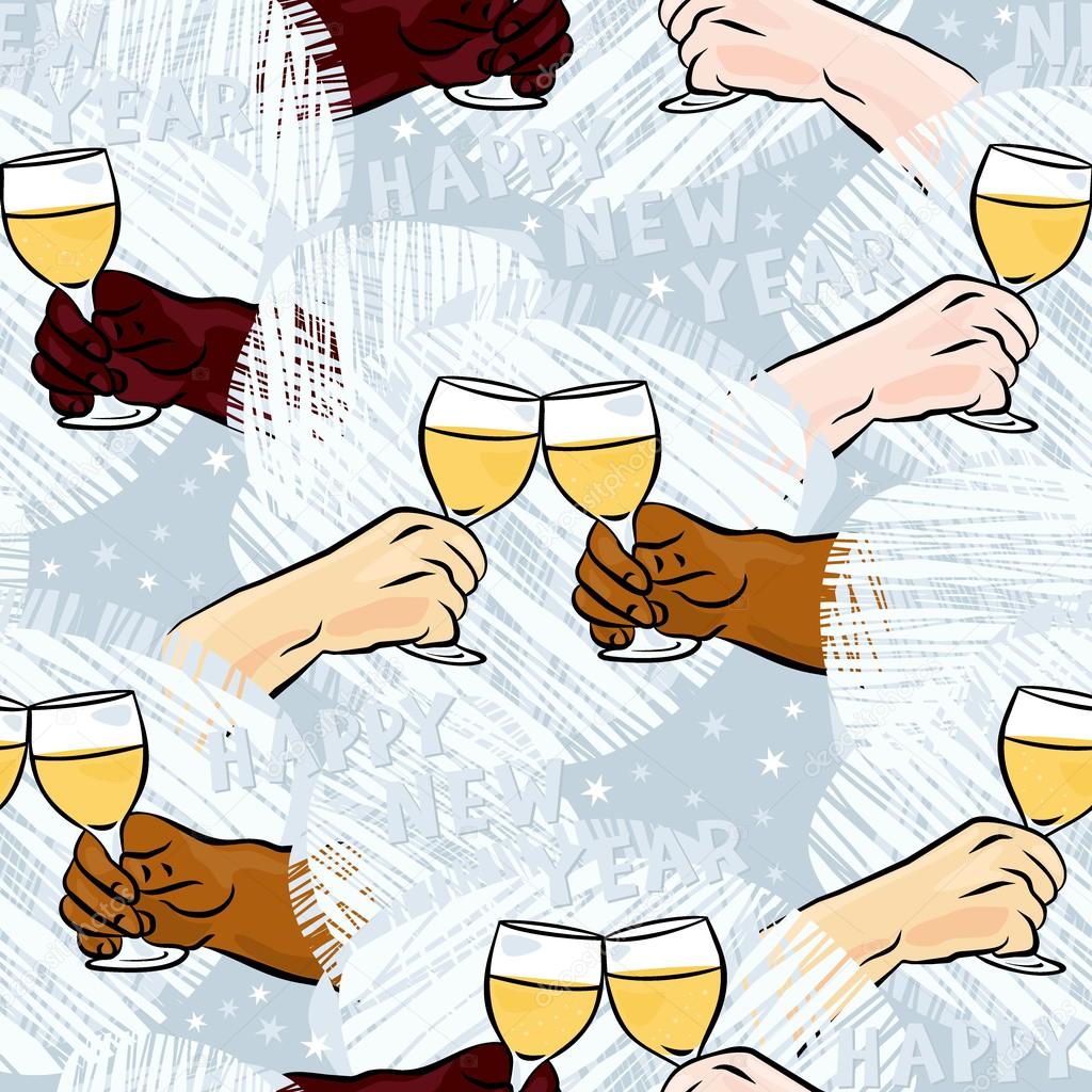 Many different human hands with glasses of champagne making toast colorful happy new year party holiday seamless pattern on blue background