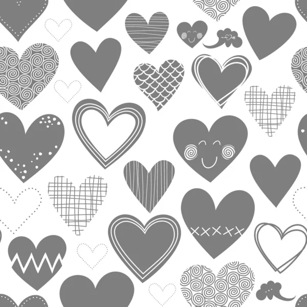 Hermoso monocromo diferentes corazones en forma de fondo blanco Día de San Valentín encantador matrimonio romántico patrón sin costuras — Archivo Imágenes Vectoriales