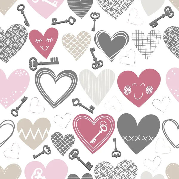 Beautiful colorful different shaped hearts and vintage keys on white background Valentines Day lovely romantic marriage engagement seamless pattern — Stock Vector