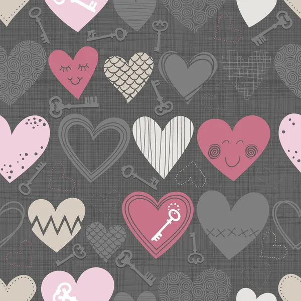 Beautiful colorful different shaped hearts and vintage keys on dark background Valentines Day lovely romantic marriage engagement seamless pattern — Stock Vector
