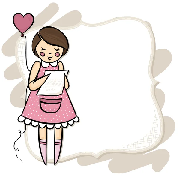 Niña leyendo una carta con un globo en forma de corazón de pie pose en un marco vacío con lugar para su amor texto romántica tarjeta de San Valentín centro de ilustración aislado sobre fondo blanco — Vector de stock